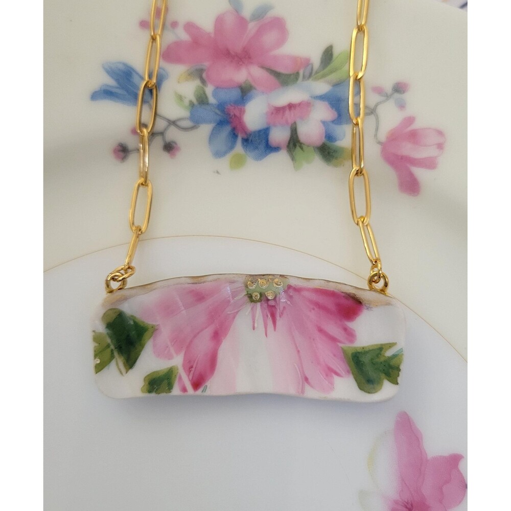 Broken China Jewelry Pink Floral Shard Necklace, Upcycled Porcelain Pendant